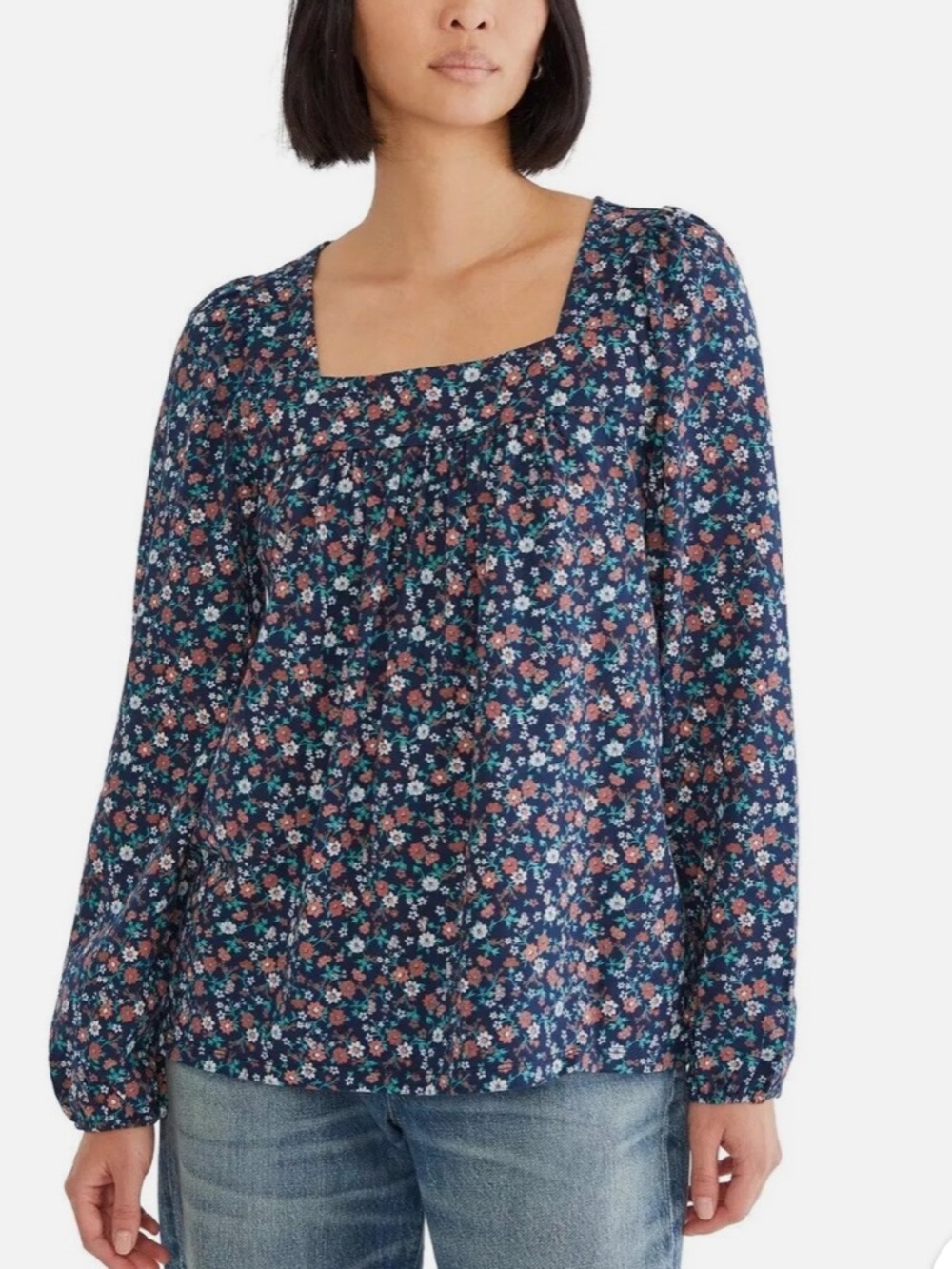 Lucky Brand Navy Long-Sleeve Floral square Neck Top size XL